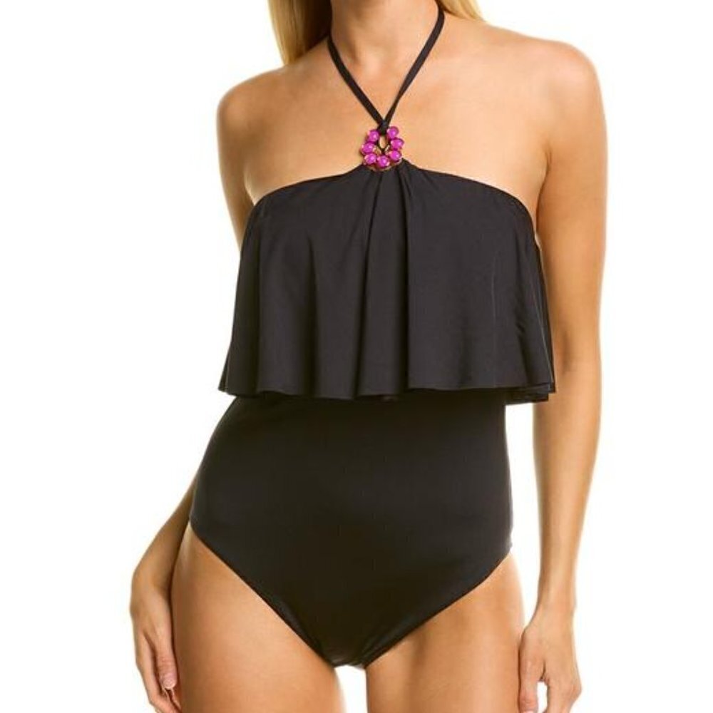 Trina Turk One Piece Swim Suit Size 4 Black Bijou Ruffle Overlay Strapless - Picture 7 of 7